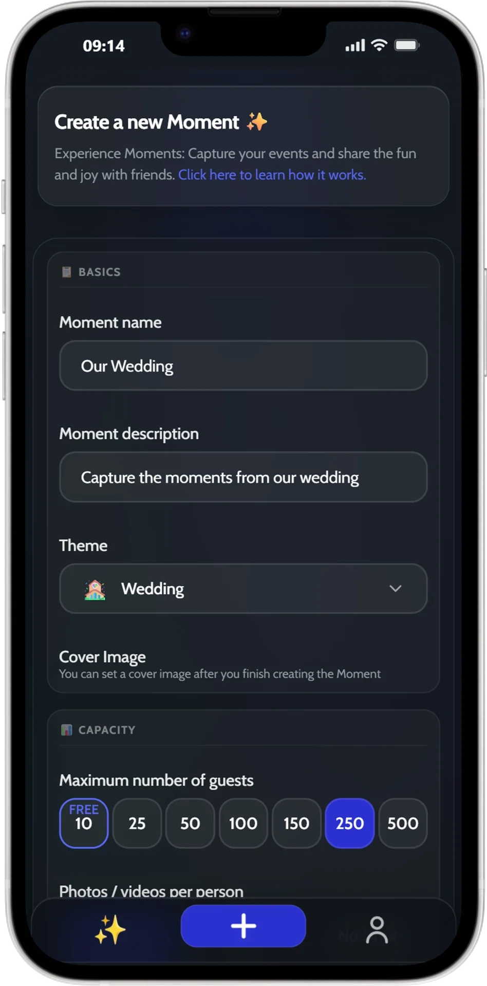 JoinMyMoment creation form showing guest capacity and photo limit settings