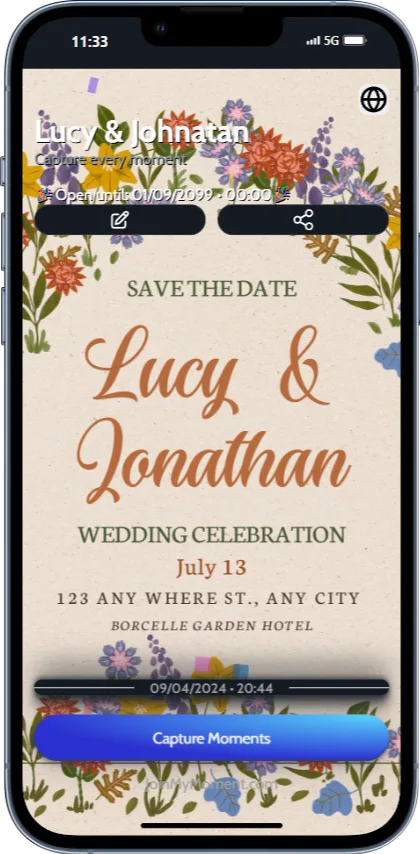 JoinMyMoment Moment with a wedding invitation as a cover image for the disposable camera app