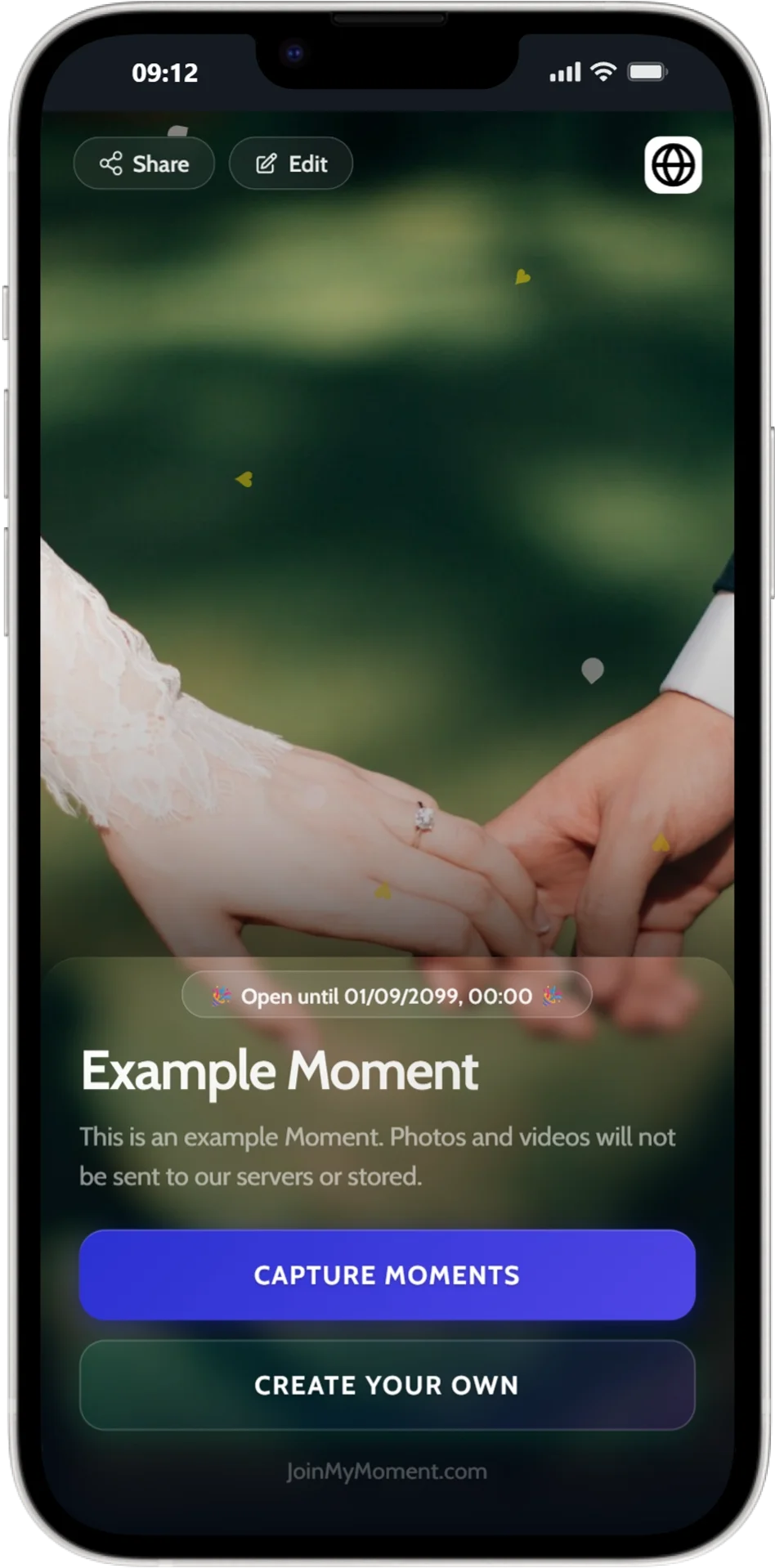 JoinMyMoment moment customization — name, theme, cover image and description
