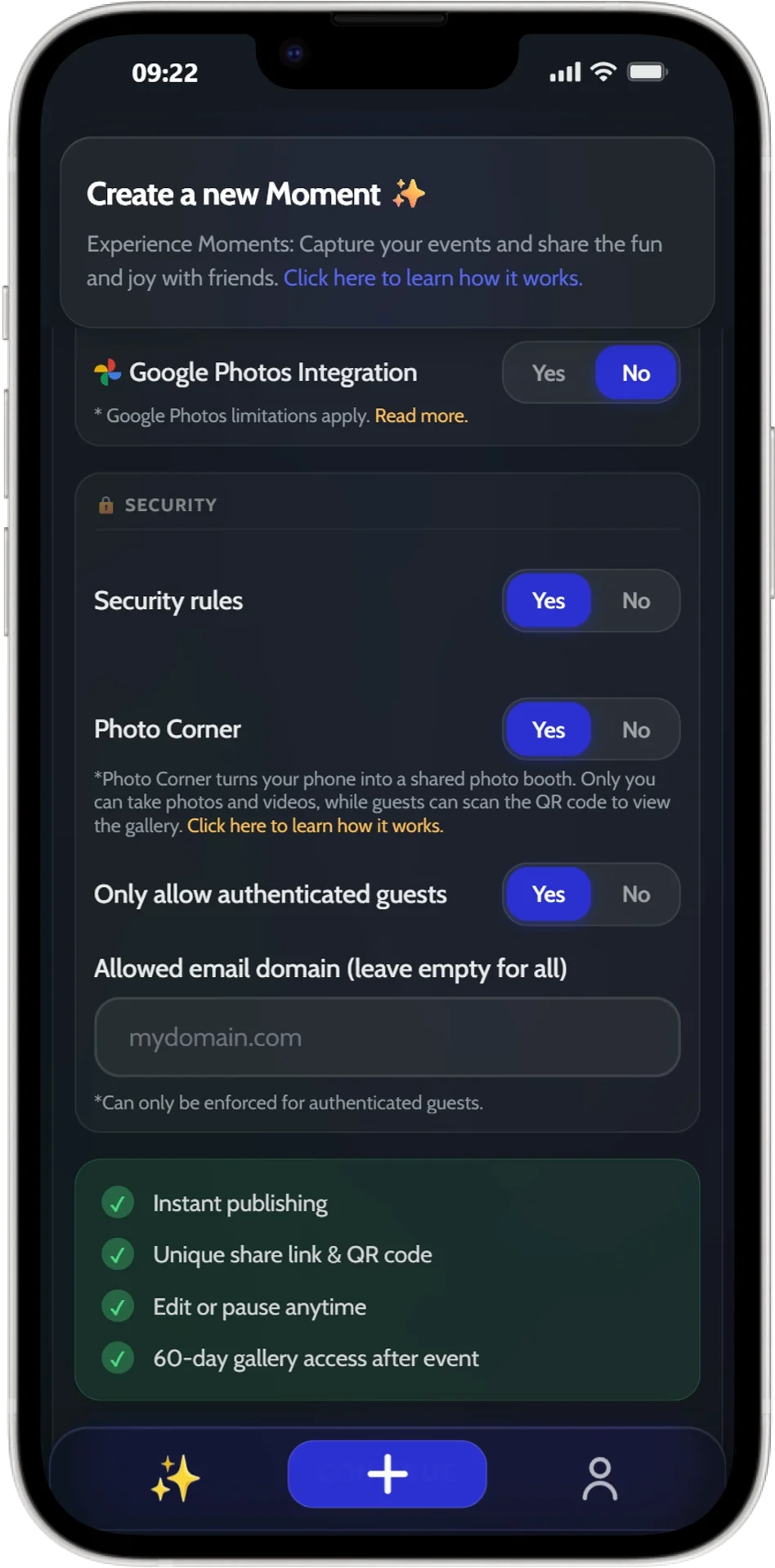 JoinMyMoment security rules — restrict access by authentication or email domain