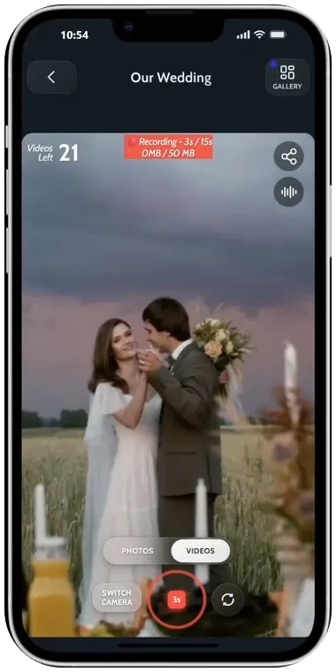 Guest recording a video clip on their phone using JoinMyMoment